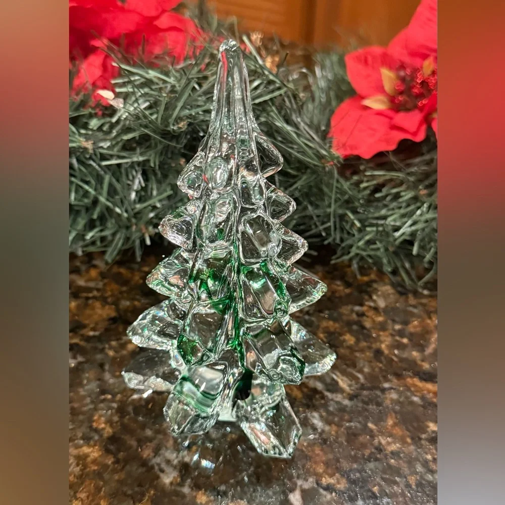 Vintage Price Products Crystal Clear Glass /Green Stripe Christmas Tree 6